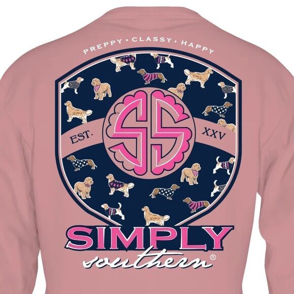 Simply Southern Preppy Puppy Classy Happy Logo Long Sleeve Crepe Tee - Large - Picture 1 of 4